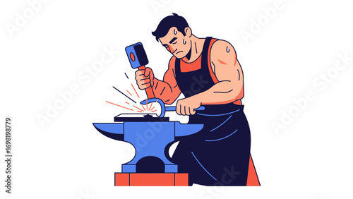 Forge of Determination: A muscular artisan, immersed in his craft, wields a hammer to shape metal on an anvil, embodying skill, dedication, and the creation of tangible results.
