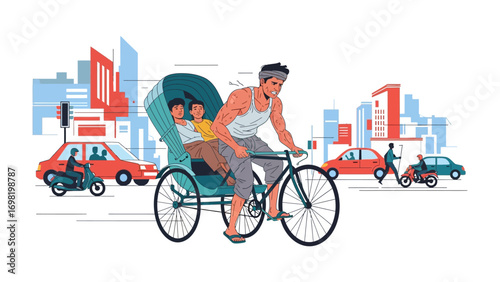Urban Rickshaw Ride: A vibrant illustration shows a rickshaw navigating a bustling city scene, offering a glimpse of local transport culture amidst the rush of modern life.