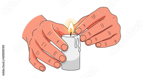 Close-up of hands holding a lit candle, with a bright flame and dripping wax, symbolizing warmth, light, and a moment of reflection or quiet contemplation