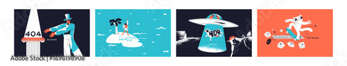 Creative error 404 set. Funny designs of not found web pages. Templates of broken web sites, unavailable websites. Webpages with mistakes, problems with internet connection. Flat vector illustrations