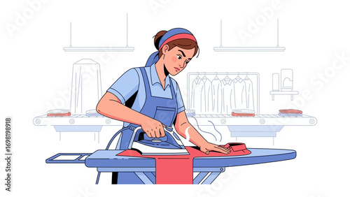 Ironing in the Laundry: A dedicated laundry worker, meticulously pressing a garment with a steaming iron, embodying diligence and attention to detail.