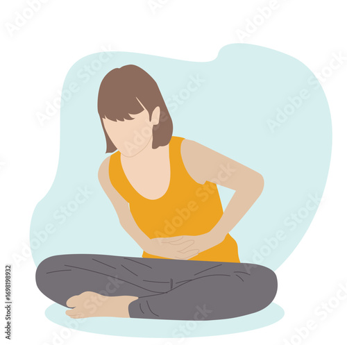 woman holding stomach because of pain. girl suffering from abdominal pain, vector illustration. Painful periods, 