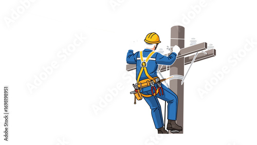 Power Line Technician at Work: An electrician, safely secured, ascends a utility pole to conduct essential repairs or maintenance on overhead power lines, embodying the dedication and expertise