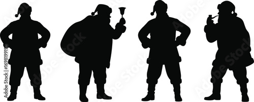 Set of Santa Claus silhouettes, vector illustration, Christmas character in various poses, with sack and bell, isolated on white.