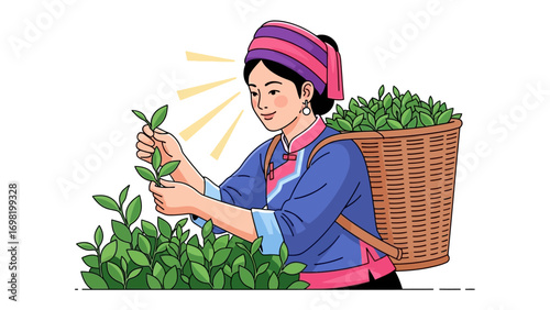 Tea picker in harvest season: Capturing the charm of an Asian tea harvester skillfully selecting the freshest tea leaves for processing during harvesting season.