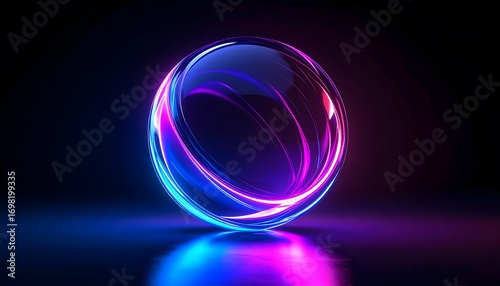 Luminous Orb: A Glass Sphere with Neon Blue and Pink Light Trails on Dark Surface