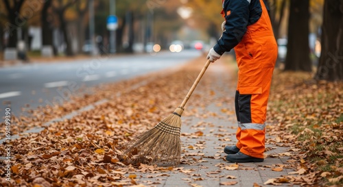 A street cleaner clearing fallen leaves from the street