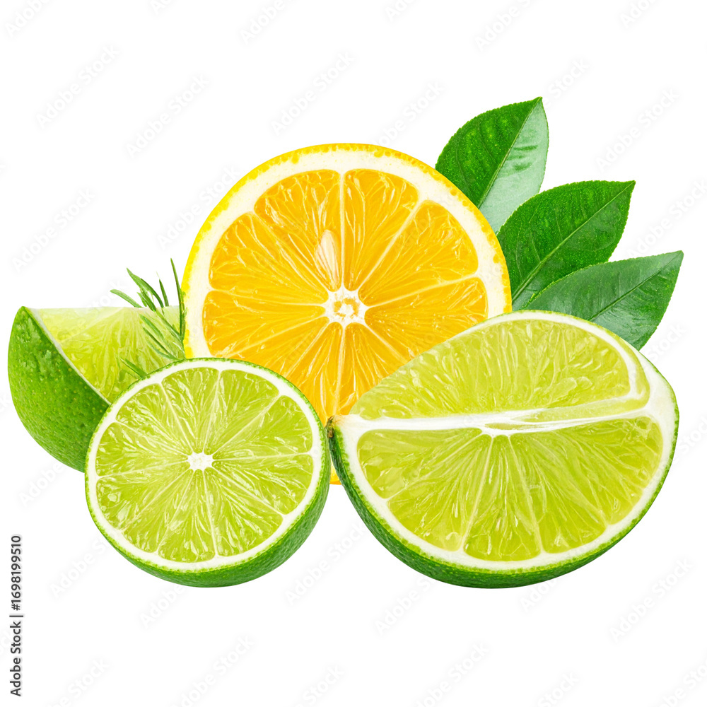 Fototapeta premium Untitled design - Slice of lemon and lime fruit isolated on transparent png