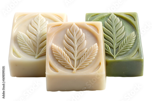 Three Rectangular Soaps with Leaf Imprints in Cream Beige and Green Colors Presented on Transparent Background
