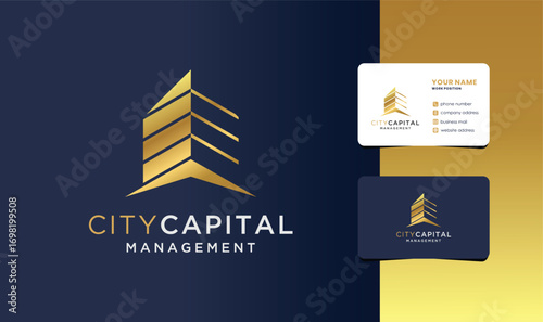 real estate capital investment management logo with business card design.