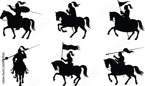 Silhouettes of medieval knights on horseback, vector illustration, armored horsemen with lances and flags, isolated on white background.
