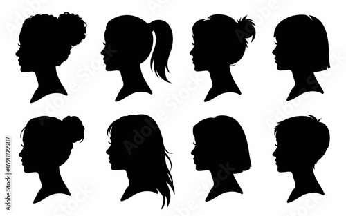 Collection of eight diverse female silhouette portraits showcasing various hairstyles including buns ponytails bobs and layered cuts against a clean for beauty and design projects