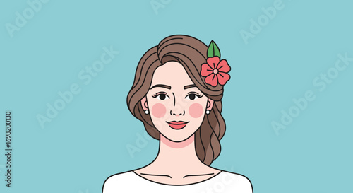 Cartoon Portrait Illustration of an Elegant Woman with Flower Detail