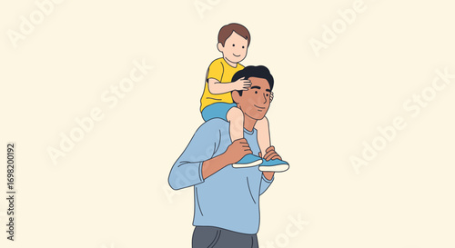 Illustration of a happy father carrying his son on shoulders