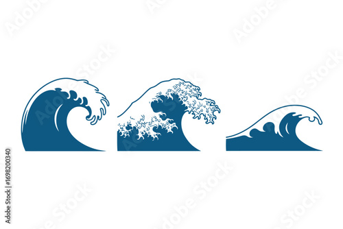 Three stylized blue ocean waves showcase nautical design elements perfect for coastal themes graphic design projects and artistic representations of the sea and water
