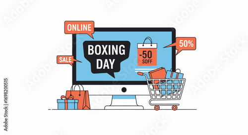 Online Boxing Day Sale Event - Big Discounts on Shopping with E-commerce Computer, Shopping Cart, Bags, and Gift Boxes