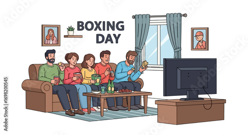 A happy family enjoys a festive Boxing Day celebration together, watching television and sharing snacks on the couch, creating a cozy and memorable holiday experience for everyone involved