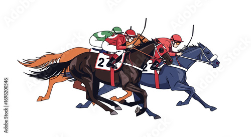 A thrilling illustration of a horse race, capturing the intense competition as three jockeys and their steeds surge forward, showcasing speed, determination, and the excitement of the sport