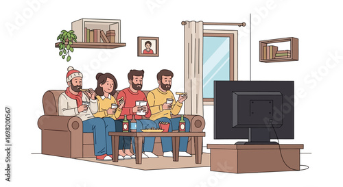 A group of friends and family watching a television screen while sitting on a sofa, holding snacks and drinks, enjoying a cozy evening together at home