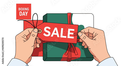 Boxing Day Sale Illustration Featuring Hands Tying a Gift Tag on a Wrapped Present, Symbolizing Holiday Shopping and Festive Discounts for Consumers During the Post-Christmas Retail Event