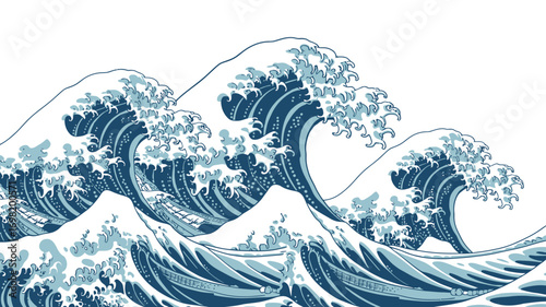 Hokusai's the great wave illustration featuring crashing ocean waves and boats a classic japanese art style with a vintage aesthetic perfect for backgrounds and artistic designs