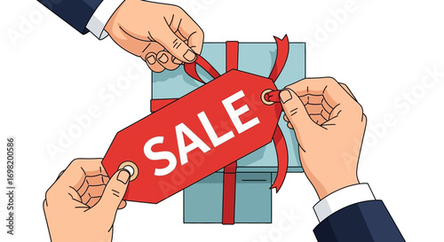 Two hands attaching a red sale tag with the word SALE written on it to a gift-wrapped box, symbolizing promotions and discounts for shopping
