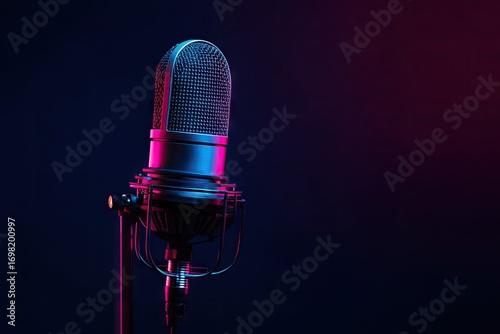 Professional studio microphone in vibrant pink and blue neon lights on a dark background.