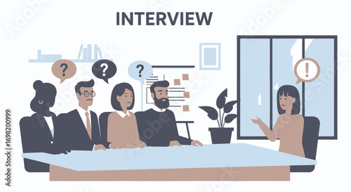 Job candidate interview discussion at desk with questioning committee meeting vector concept