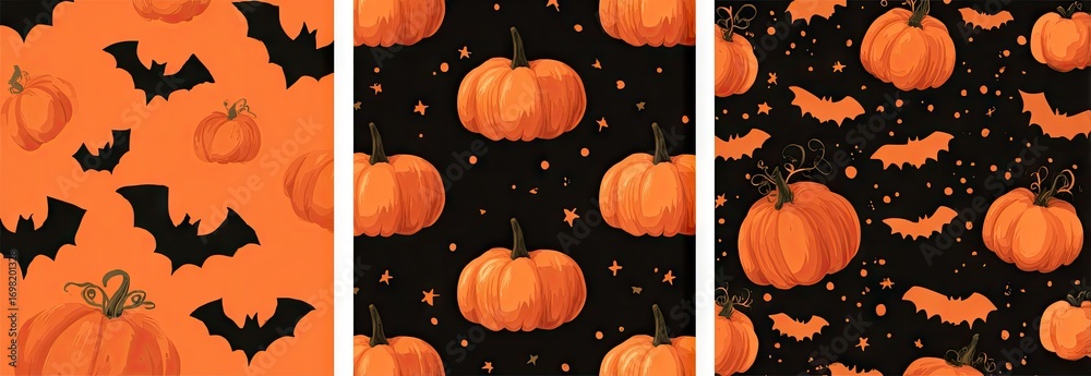 Set of three seamless Halloween patterns with pumpkins and bats.