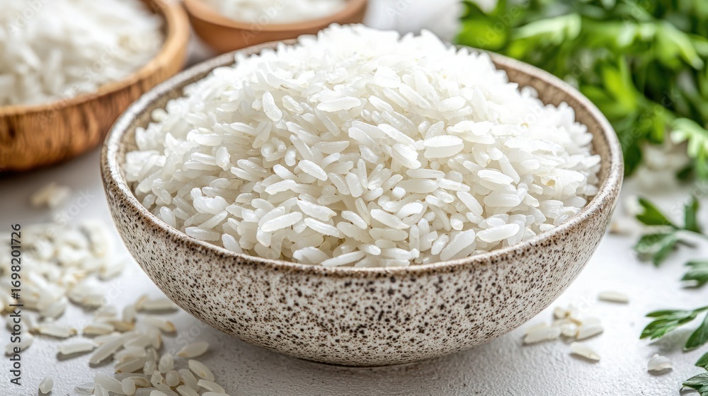 Close-Up View of Raw White Rice in Rustic Bowl Surrounded by Fresh Herbs and Ingredients on a Light Background