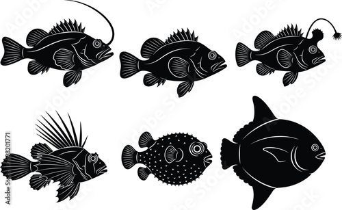 Fish silhouette set, black vector illustration, anglerfish, lionfish, pufferfish, sunfish, aquatic species icons, marine wildlife, bold contrast, unique morphology