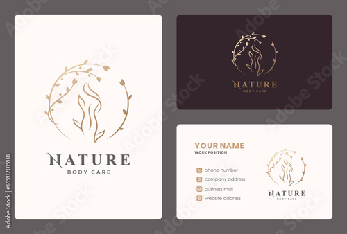 woman body care logo with circle leaf element and business card design.