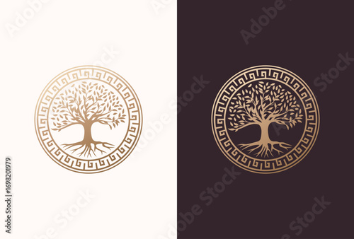 tree of life logo design with circle greek element in a golden color.