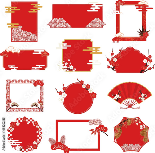 Create a kinds of deferent collection of red Japanese frame designs that can be used for vector New Year's cards and New Year's season banners. vector art with white background.