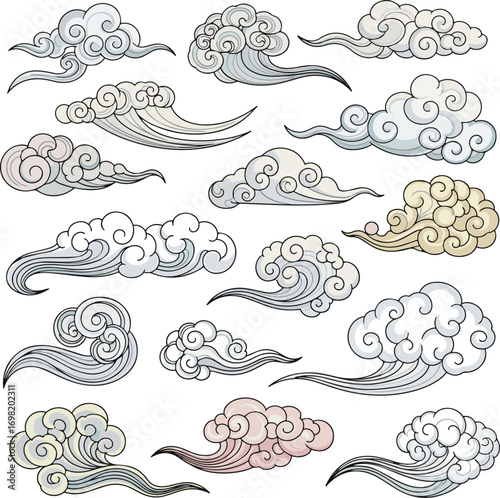 Create a kinds of deferent collection of traditional Japanese cloud illustrations vector art with white background.