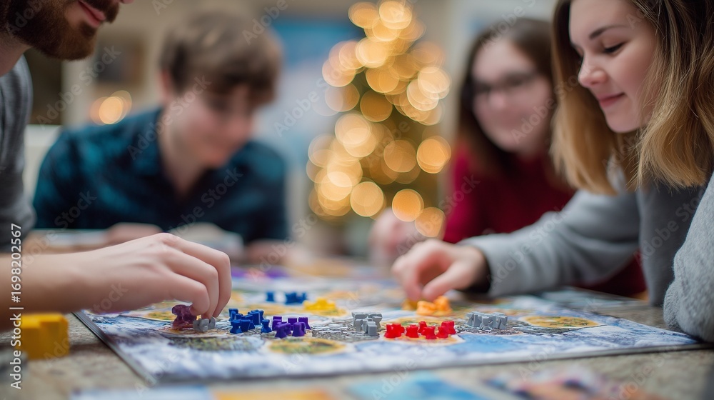 Fototapeta premium Group of friends playing a board game by a festive tree.