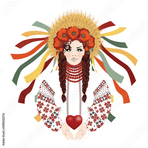 Beautiful brunette in Ukrainian embroidered dress with braided hair and wreath of wheat ears, red poppies and ribbons. Vector (EPS) illustration, isolated on white background