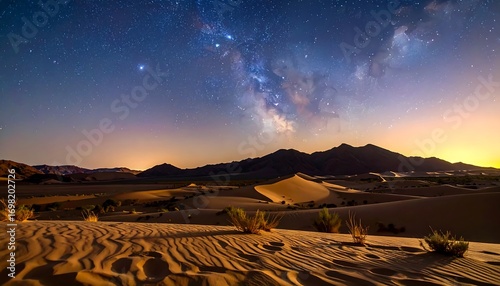 Vast desert landscape under a night sky filled with stars and the Milky Way