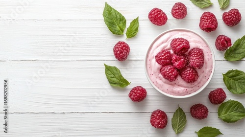 Creamy raspberry yogurt topped with fresh raspberries and green mint leaves on a rustic wooden background
