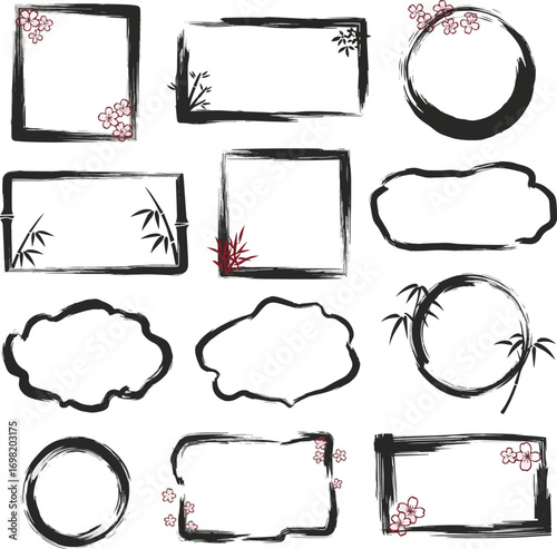 Create a kinds of deferent Loosely handwritten Japanese frame set vector art with white background.
