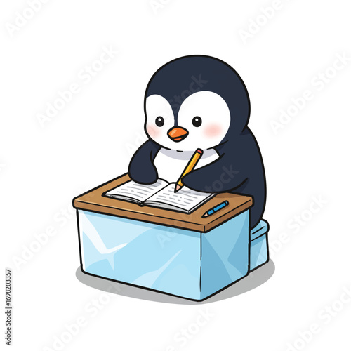 A cute flat 2D vector illustration of a thoughtful penguin diligently writing in a notebook at a small ice desk, rendered with vibrant colors on a clean white background.