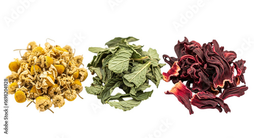 Three piles of dried tea leaves isolated on transparent background