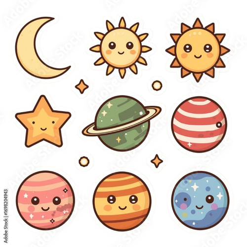 Celestial Smile: A whimsical, illustrative scene of the solar system features charming, smiling celestial bodies, embodying the wonder of space and the universe.