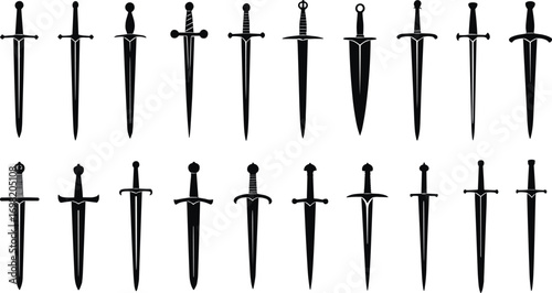 Medieval fantasy swords illustration, double-edged and single-edged blades, European style daggers, historical weapons icons isolated on white background.