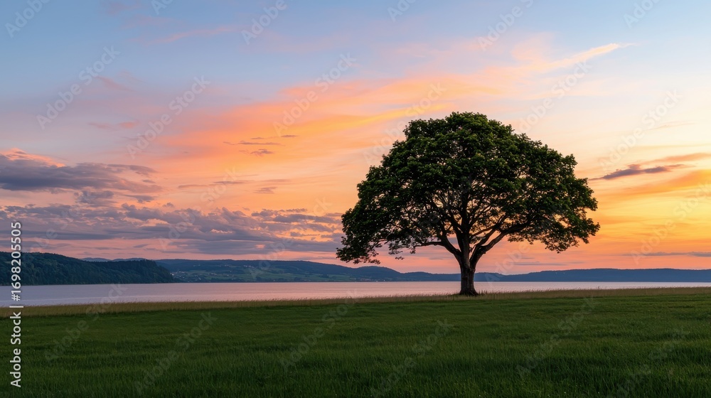 Obraz premium Majestic solitary tree on a serene lakeside at sunset, with vibrant colors reflecting off the water and a tranquil landscape in the background