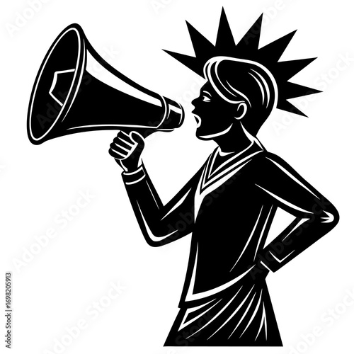 Silhouette of a person with a spiky hairstyle holding a megaphone and shouting loudly to make an announcement