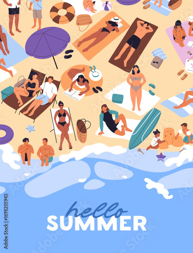 Design of Hello summer poster with people sunbathing on beach and swimming in sea. Card template with crowd of tourists relaxing, lying on sand coast on vacations top view. Flat vector illustration
