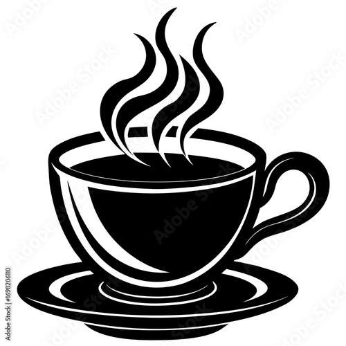 Stylized black and white illustration of a steaming cup of coffee on a saucer representing warmth and morning beverages