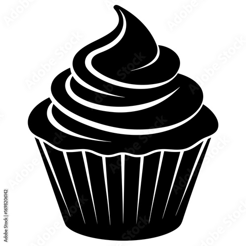Simple black silhouette of a frosted cupcake with swirls on a white background a classic dessert icon