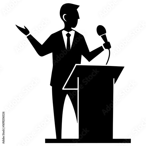 Silhouette of a businessman in a suit speaking into a microphone at a podium with his hand gesturing